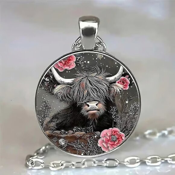 Independent Jewelry - Silver HIGHLAND COW Roses Glass Cabochon Pendant Necklace